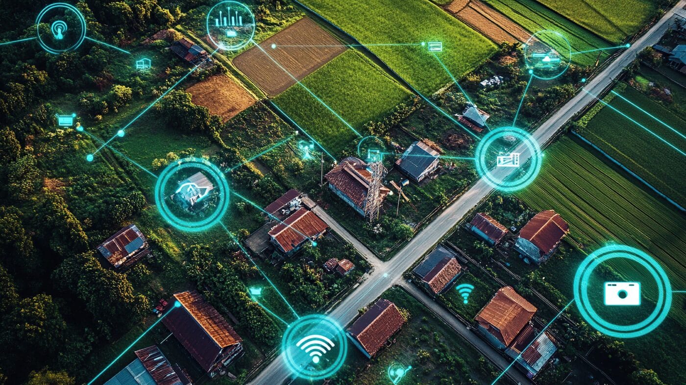 Vista aérea de paisaje rural en Jalisco conectado digitalmente. Muestra la innovación industrial en casas y campos con iconos de conexión.