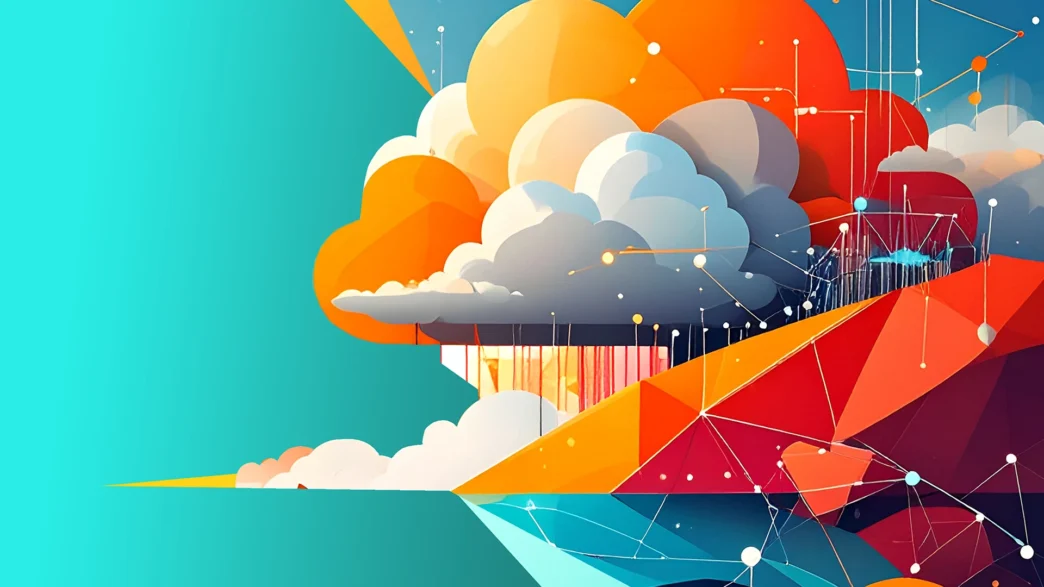 Ilustración digital de infraestructura empresarial 2.0, escalando a IA con nubes, redes y colores vibrantes. Diseño para el mundo tecnológico actual.