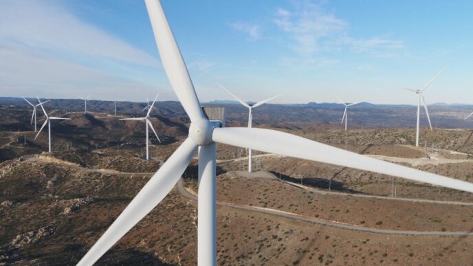 Vista aérea del Parque Eólico de Baja California Fase II con aerogeneradores sobre colinas, cielo azul y energía renovable. Producción de energía eólica.