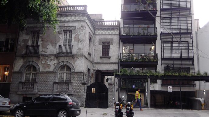 venue/architecture

Inmuebles irregulares en CDMX. Fachada de edificio antiguo y moderno en la ciudad. Arquitectura y diseño urbano en México.