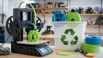 Impresora 3D creando objeto geométrico verde. Cubo de reciclaje con filamentos azules y verdes. Innovación en 3D Printing y construcción sostenible.