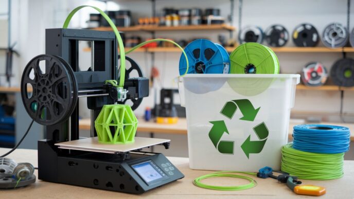 Impresora 3D creando objeto geométrico verde. Cubo de reciclaje con filamentos azules y verdes. Innovación en 3D Printing y construcción sostenible.
