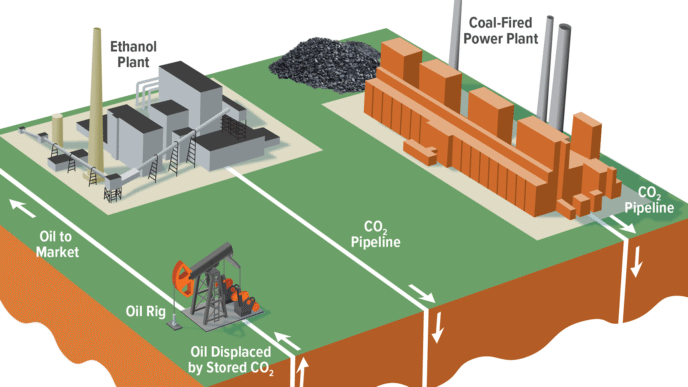 Diagrama de innovación en almacenamiento de energía y captura de carbono: planta de etanol, planta de energía de carbón y tubería de CO2. 124