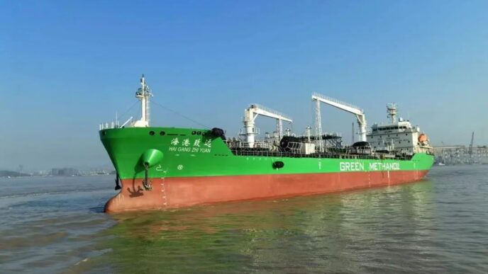 Buque búnker dual a metanol 'Hai Gang Zhi Yuan' en China. Innovación en combustibles marinos ecológicos. Propulsión verde para transporte marítimo.