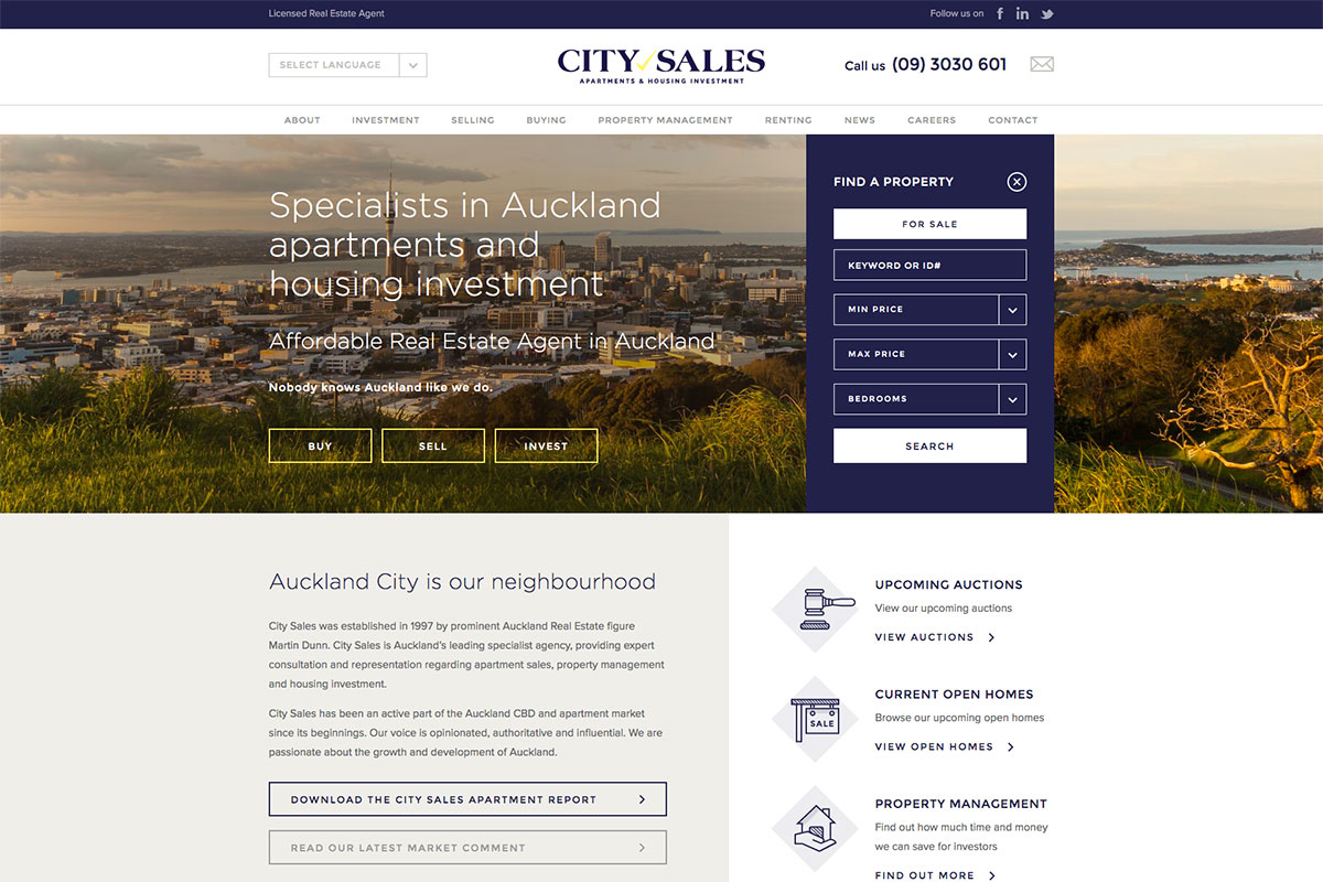 Desarrollo web impulsa real estate en Auckland con City Sales. Especialistas en apartamentos e inversión inmobiliaria. ¡Encuentra tu propiedad!