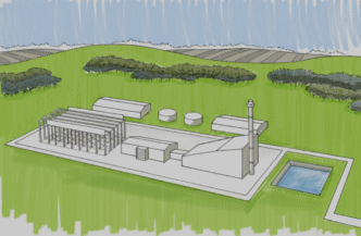 Ilustración de la planta de Maple Creek con tecnología avanzada para innovación en energía. Vista aérea de la instalación y su infraestructura.