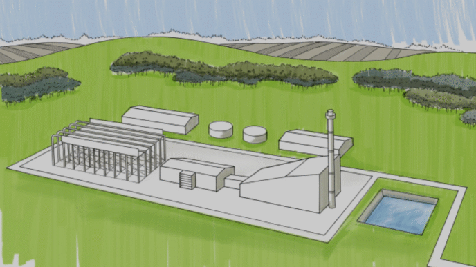Ilustración de la planta de Maple Creek con tecnología avanzada para innovación en energía. Vista aérea de la instalación y su infraestructura.