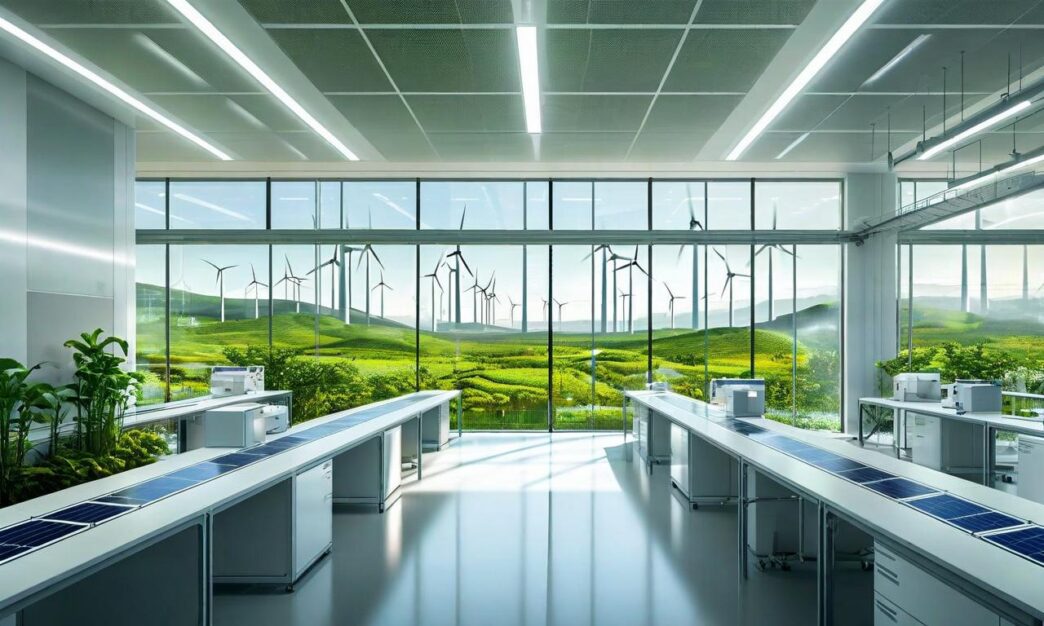 Laboratorio de innovación en energía renovable con paneles solares y vistas a turbinas eólicas. KP Green y Fabtech impulsan la energía sostenible.