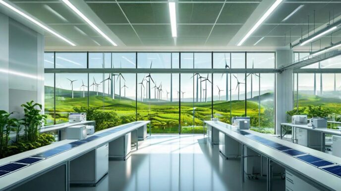 Laboratorio de innovación en energía renovable con paneles solares y vistas a turbinas eólicas. KP Green y Fabtech impulsan la energía sostenible.