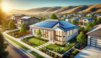 Casa moderna con paneles solares en el tejado, energía renovable, futuro inmobiliario sostenible, eficiencia energética y diseño contemporáneo en área residencial.