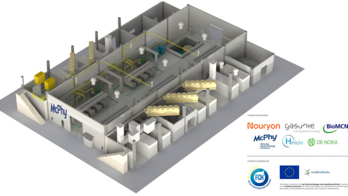 Esquema 3D de infraestructura de hidrógeno McPhy para real estate. Diseño innovador con tuberías y equipos. Solución para energía sostenible.