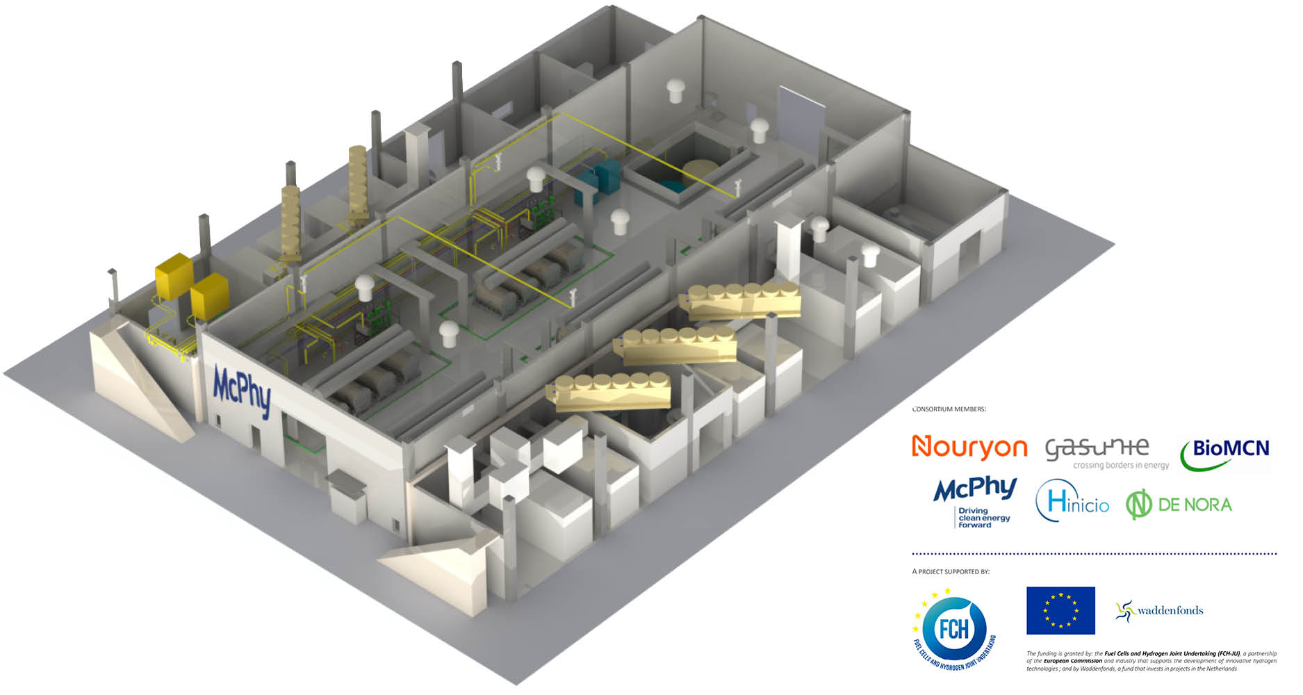 Esquema 3D de infraestructura de hidrógeno McPhy para real estate. Diseño innovador con tuberías y equipos. Solución para energía sostenible.