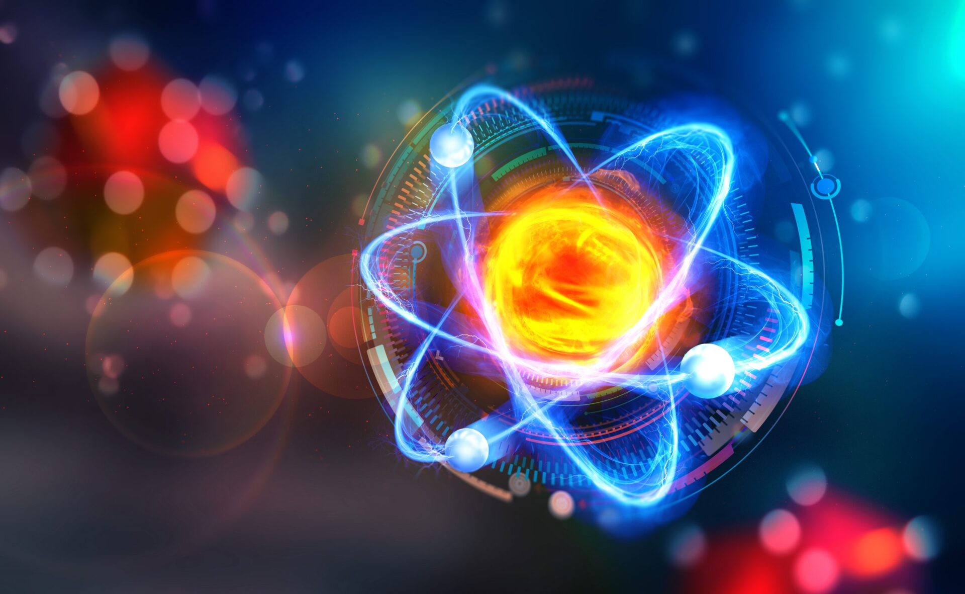 Ilustración digital de un átomo brillante, representando la innovación para la gestión de residuos nucleares y un futuro sostenible. Energía atómica.