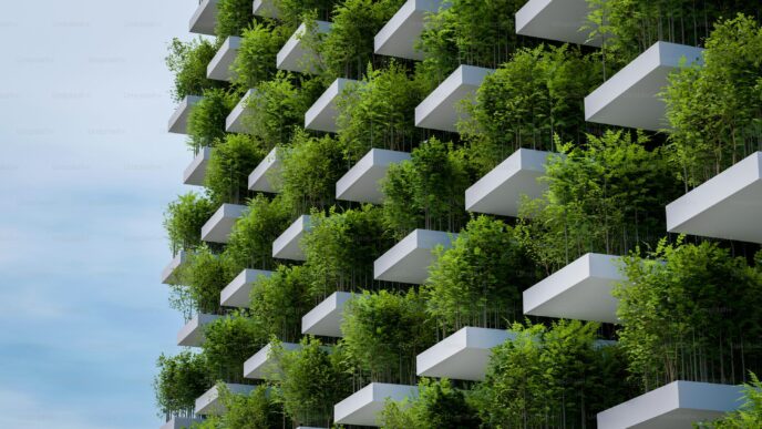 Fachada innovadora con balcones verdes, ejemplo de construcción sustentable y materiales avanzados. Diseño arquitectónico que integra naturaleza y ciudad.