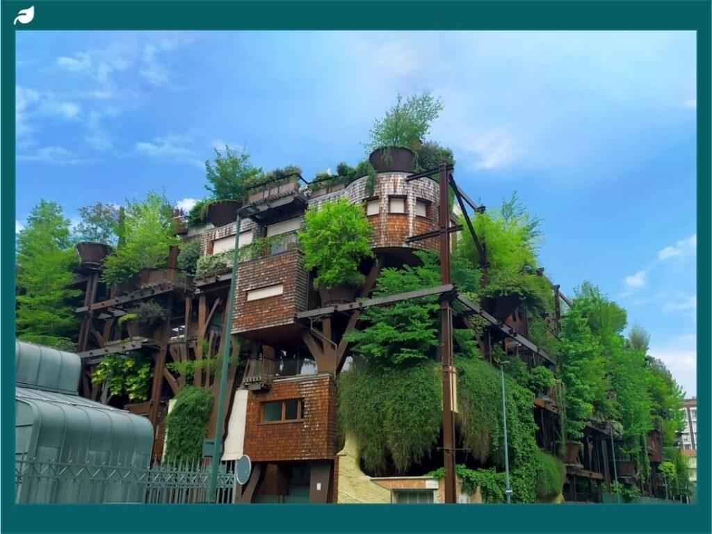 Edificio residencial innovador con materiales compostables y vegetación exuberante. Arquitectura sostenible en el Real Estate, diseño ecológico.