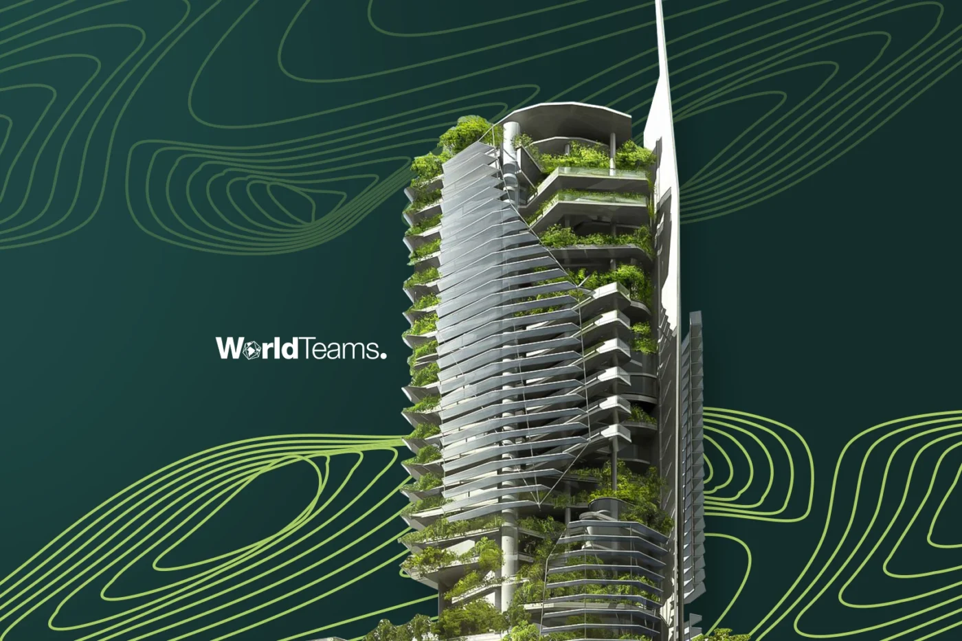 Edificio sostenible con papel compuesto e innovación en materiales. Diseño vanguardista con abundante vegetación, integrando naturaleza y arquitectura moderna.