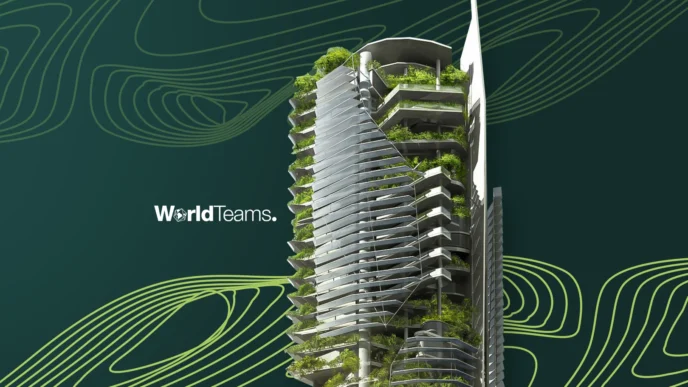 Edificio sostenible con papel compuesto e innovación en materiales. Diseño vanguardista con abundante vegetación, integrando naturaleza y arquitectura moderna.