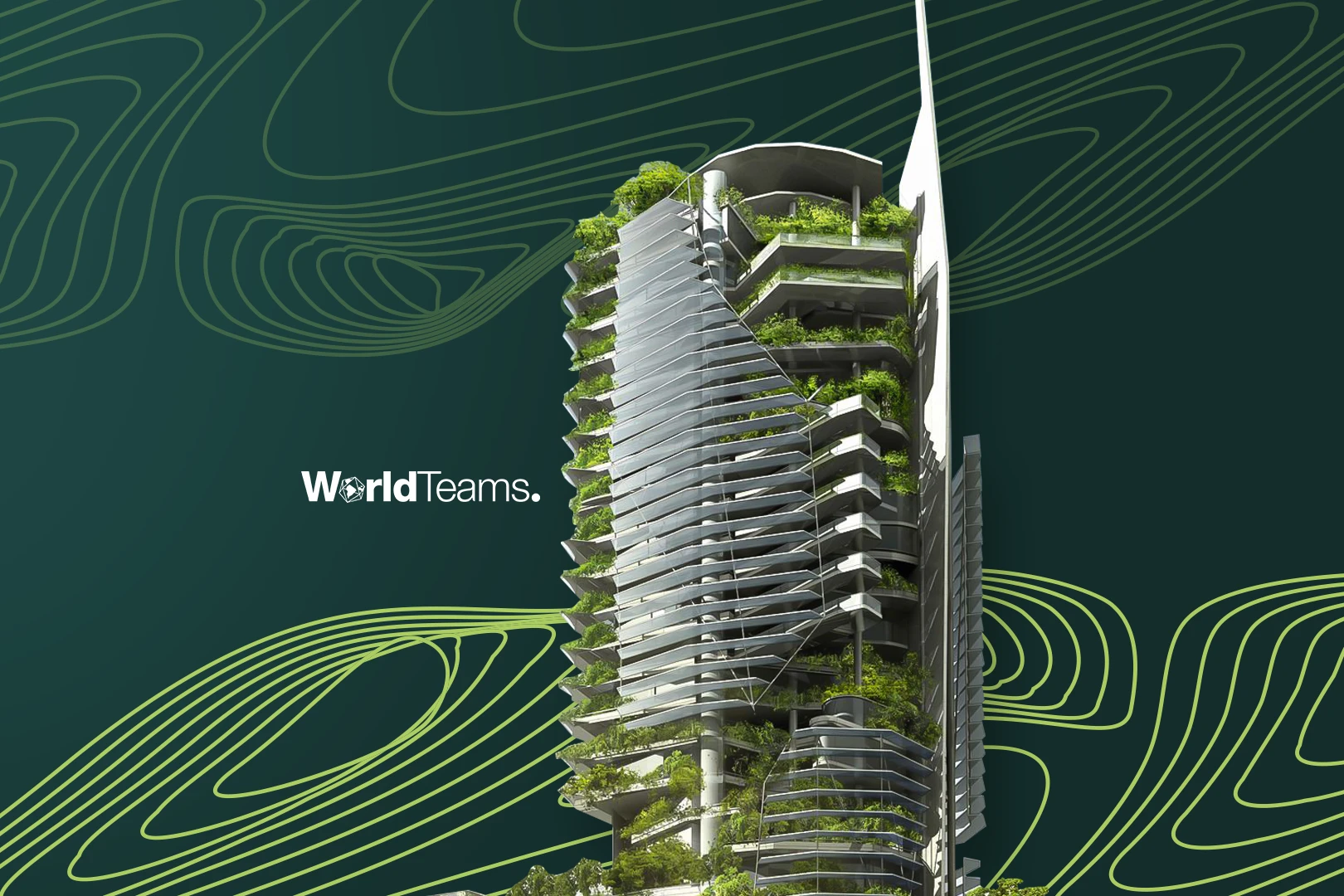 Edificio sostenible con papel compuesto e innovación en materiales. Diseño vanguardista con abundante vegetación, integrando naturaleza y arquitectura moderna.