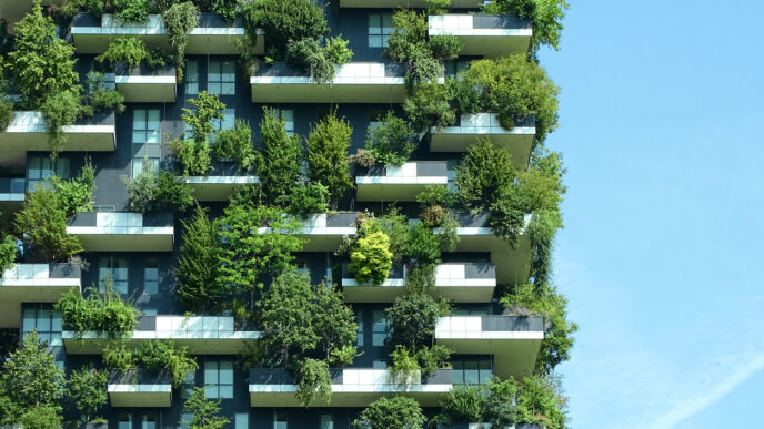 Edificio innovador con balcones llenos de vegetación, ejemplo de materiales que reducen riesgos en real estate. Fachada verde y cielo azul.