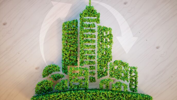 Ilustración de edificios verdes con flechas de reciclaje, representando la innovación en materiales PP para construcción sostenible y ecológica.