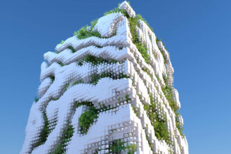 Edificio innovador con diseño modular y vegetación integrada, ejemplo de construcción sustentable con metales. Arquitectura futurista y ecológica.