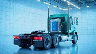 Camión multifuel con innovador motor, transformando el transporte. Celda de combustible visible, potencia y sostenibilidad. Industria en evolución.