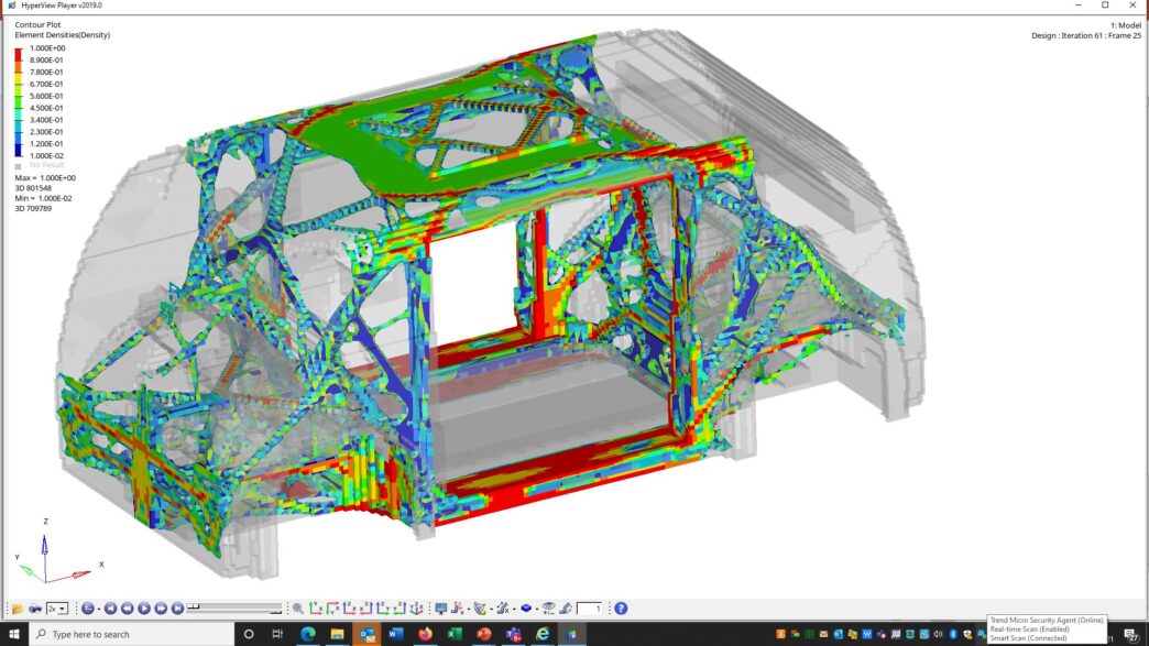 Diseño CAE de carcasa de acero de alta resistencia para movilidad eléctrica, mostrando innovación y optimización estructural. Análisis de densidad.
