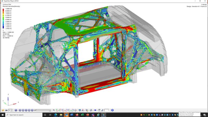 Diseño CAE de carcasa de acero de alta resistencia para movilidad eléctrica, mostrando innovación y optimización estructural. Análisis de densidad.