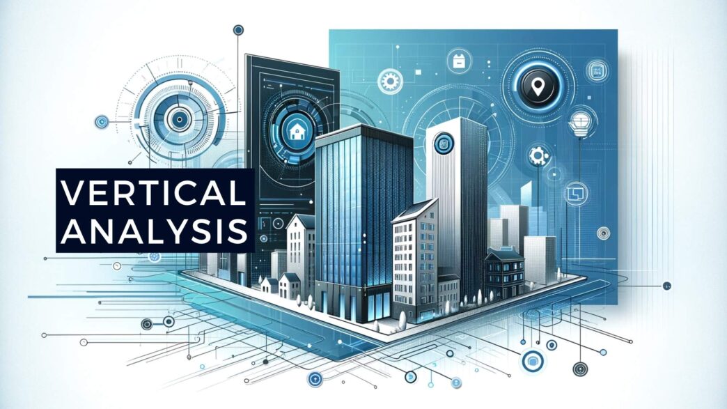 Ilustración de Proptech con edificios modernos y análisis vertical, representando innovación en real estate en LATAM. Soluciones tecnológicas inmobiliarias.