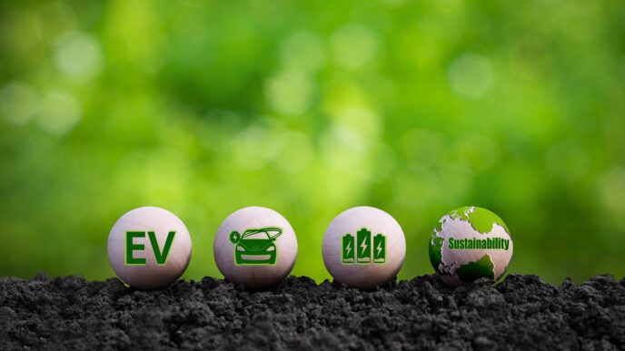 Ilustración de innovación en reciclaje de baterías LiFePO4 para sostenibilidad: coche eléctrico, baterías y globo terráqueo sobre tierra.