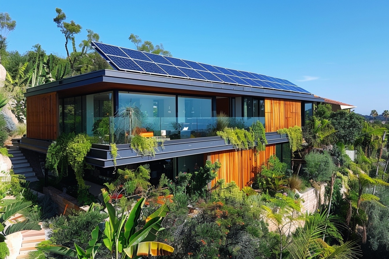 Casa moderna con paneles solares, integrando innovación en recubrimientos y sostenibilidad en Real Estate. Arquitectura eco-eficiente y diseño vanguardista.