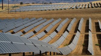 Panorámica de campo solar en Namibia; paneles solares capturan energía, impulsando innovación y proyectos sostenibles de seguimiento solar.