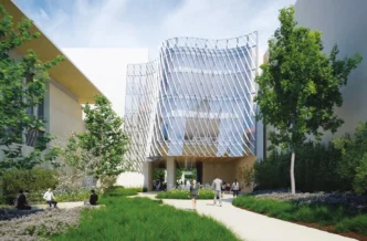 Vista arquitectónica del Resnick Center de Caltech, un centro de innovación en sostenibilidad, con diseño moderno y áreas verdes integradas.