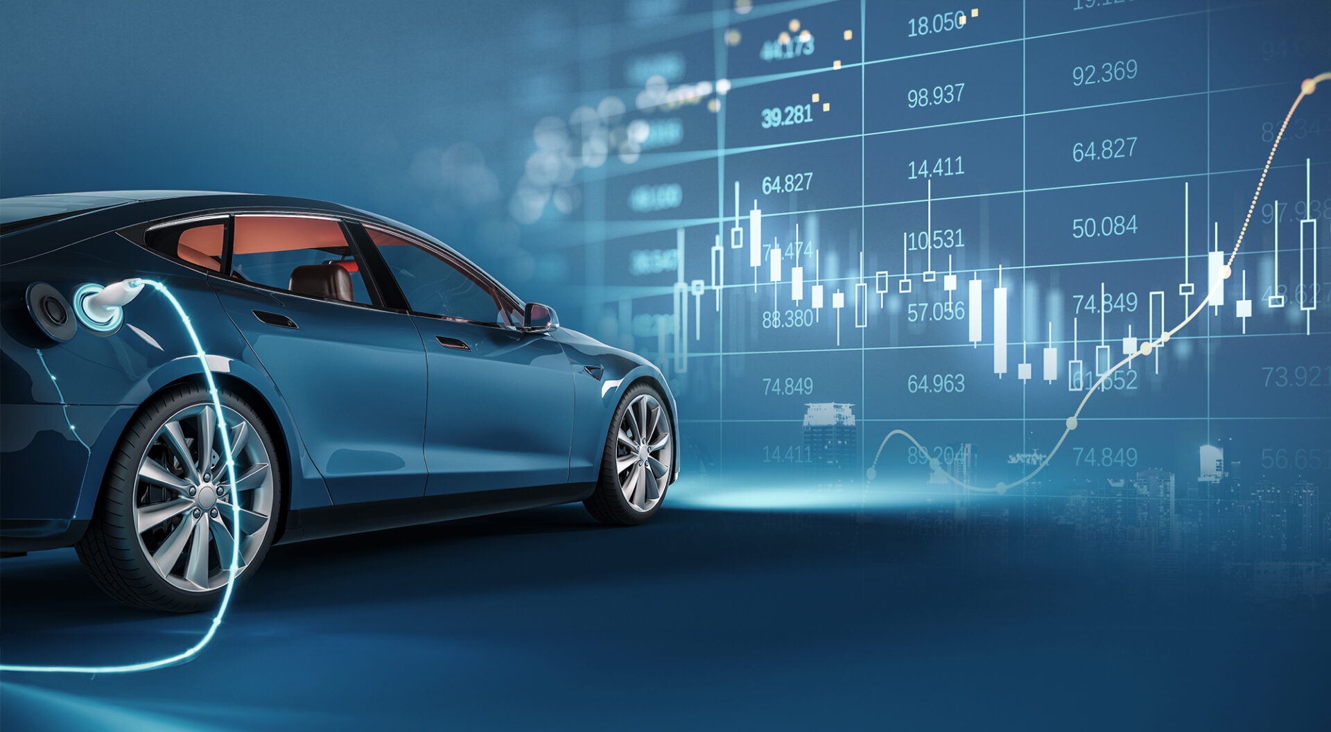 Coche eléctrico azul cargando con fondo de gráficos bursátiles, ilustrando la innovación en transporte y su impacto en el real estate.