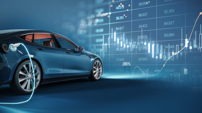 Coche eléctrico azul cargando con fondo de gráficos bursátiles, ilustrando la innovación en transporte y su impacto en el real estate.