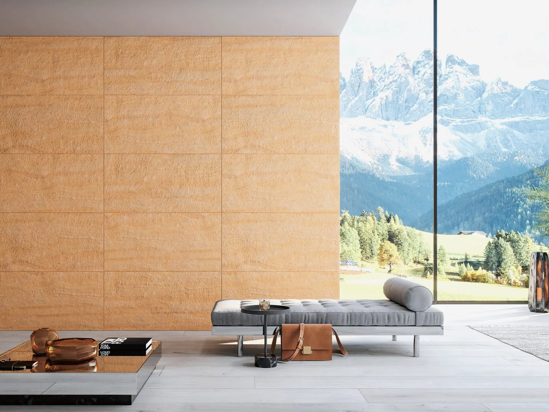 Interior moderno con pared de piedra natural, promoviendo innovación y sostenibilidad. Diseño con luz natural y vistas a la montaña. Uso piedra.