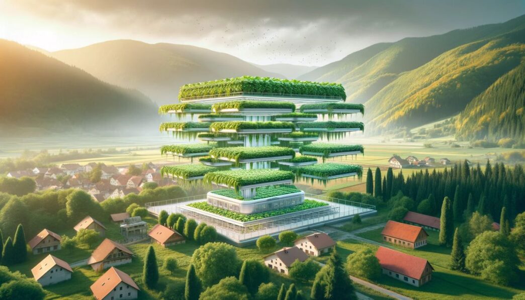 Innovador complejo de hidroponía en Rumania: estructura multinivel cubierta de vegetación, destacando la agricultura vertical y la sostenibilidad.
