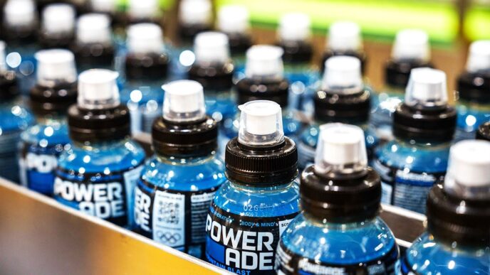 Línea aséptica PET: botellas de Powerade en fila, listas para el embotellado sostenible. Innovación en bebidas deportivas con envases optimizados.