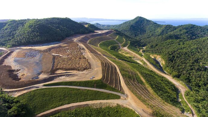 Vista aérea del Masbate Gold Project: Innovación en minería sostenible, mostrando la transformación del paisaje con prácticas responsables.