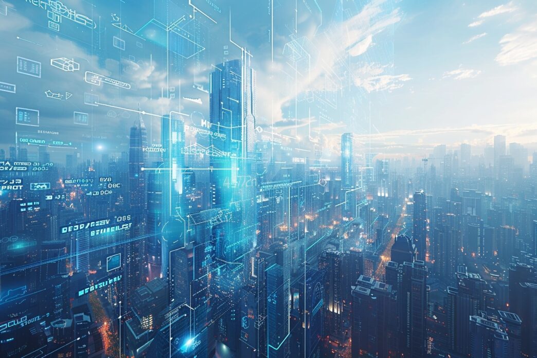 Ciudad futurista con superposición de datos digitales, representa la innovación tecnológica en PropTech y la redefinición del Real Estate.