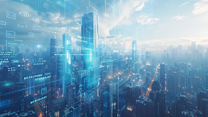 Ciudad futurista con superposición de datos digitales, representa la innovación tecnológica en PropTech y la redefinición del Real Estate.