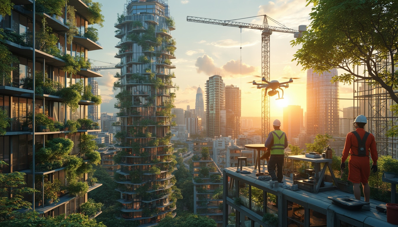 Venue/architecture.

Arquitectura futurista y sostenible en la ciudad. Edificios con vegetación y drones. Diseño urbano innovador. Real estate, México, LATAM.