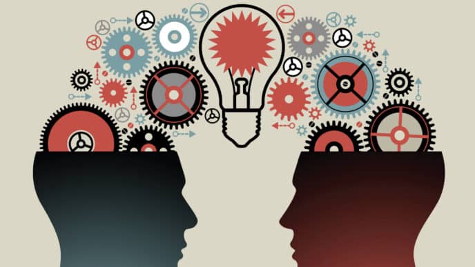 Ilustración de dos cabezas con engranajes y una bombilla, simbolizando ideas y colaboración. Inmobiliare Summits, real estate, conference.