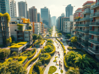 Vista aérea de Manila con jardines urbanos y edificios altos. Innovación verde para reciclaje y control de inundaciones, mostrando sostenibilidad urbana.
