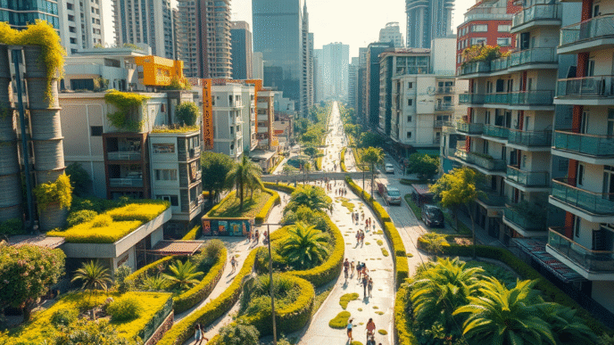 Vista aérea de Manila con jardines urbanos y edificios altos. Innovación verde para reciclaje y control de inundaciones, mostrando sostenibilidad urbana.