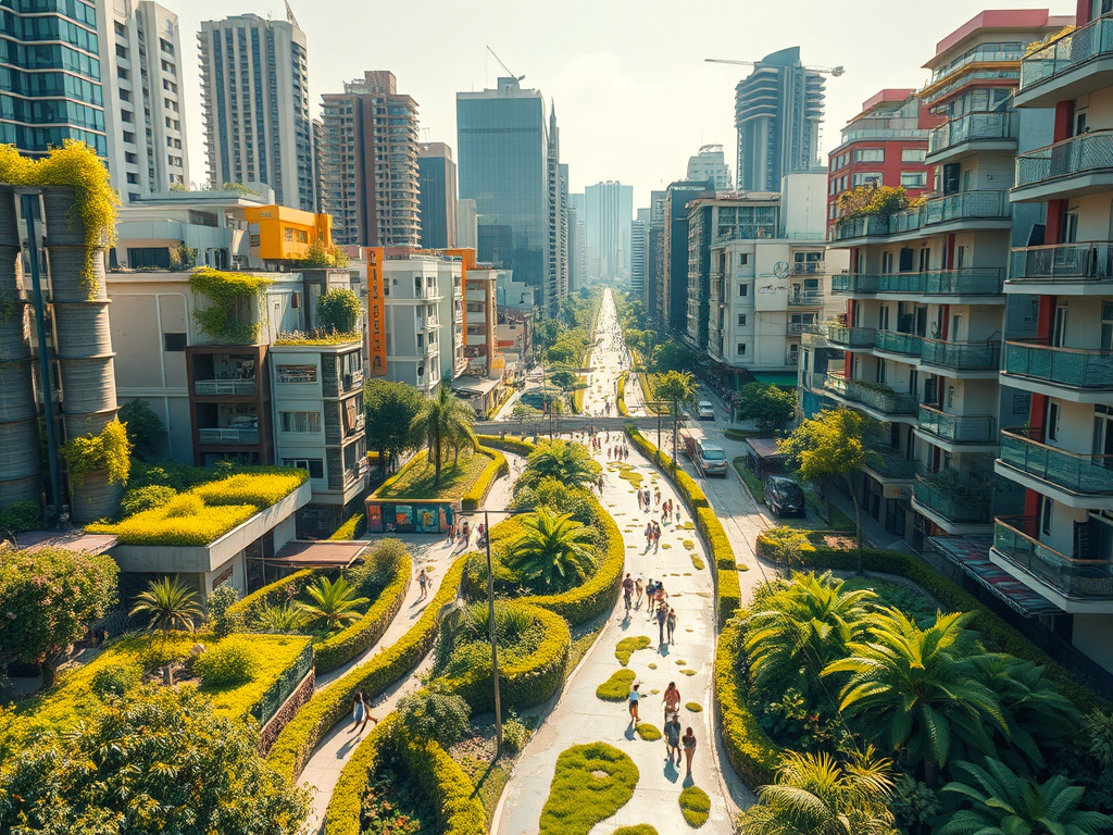 Vista aérea de Manila con jardines urbanos y edificios altos. Innovación verde para reciclaje y control de inundaciones, mostrando sostenibilidad urbana.