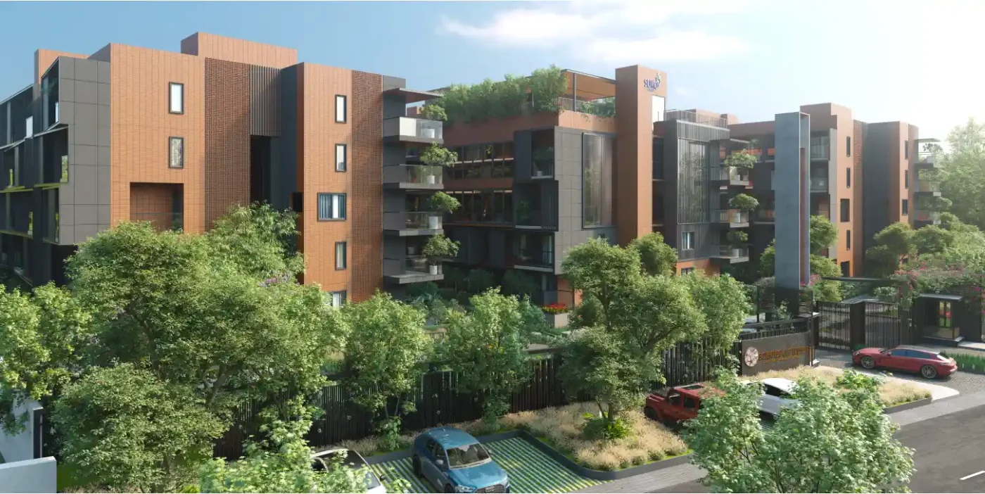 Edificio residencial de alta gama en Bengaluru, que muestra innovación y sostenibilidad en Real Estate. Arquitectura moderna integrada con vegetación exuberante.