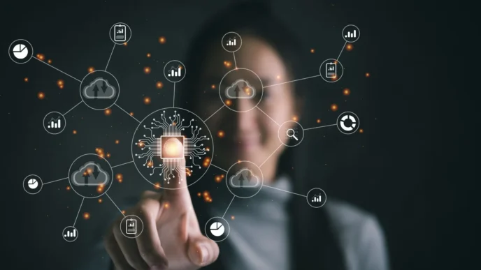 Ilustración digital de una persona interactuando con iconos de tecnología. Concepto de innovación en real estate y transformación digital. Inmobiliare Summits.