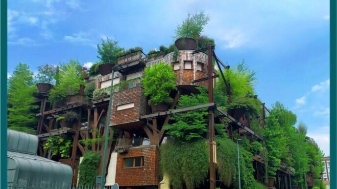Edificio residencial único con abundante vegetación, ejemplo de aislamiento sostenible en el Real Estate, innovando la arquitectura urbana.
