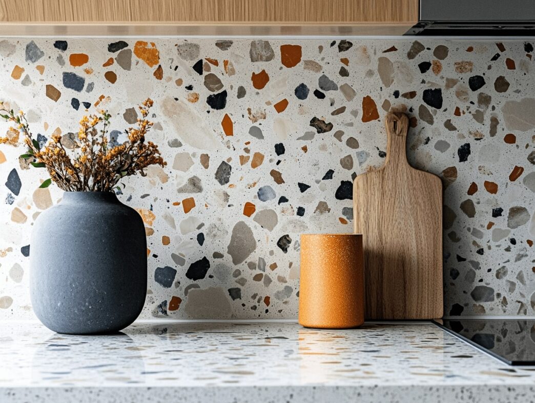 Innovación en cerámicos: Encimera con diseño de terrazo multicolor, jarrón gris con flores secas y tabla de madera. Futuro sustentable.